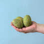 Three Wooden Bumbu T-Rex Eggs nestled in the palm of a persons hand on a blue background