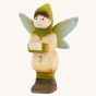 Bumbu Wooden Winged Elf. A whimsical and playful hand painted and hand crafted wooden elf with a painted green hat, blue and green wings, yellow and green outfit and light shoe details, stood on a cream background