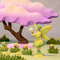 Bumbu Woodland Fairy holding a small Bumbu white wooden flower in their hands, stood among Bumbu Grass with Yellow flowers and a Bumbu Japanese Maple Tree, with a pale green background