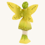 The back of the Bumbu Wooden Woodland Fairy. Adorned with beautiful woodland green colours the Bumbu Woodland Fairy looks right at home in magical forest play scenes. This Bumbu Fairy has geen hair, outstretched arms and hands in front of them, a green dr