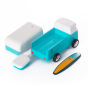 Magnetic pieces of the Candylab handmade wooden toy vehicle on a white background