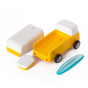 Magnetic pieces of the candylab wooden campervan toy set on a white background