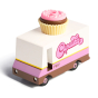 Picture of the Candylab white, pink and brown Candyvan with a giant cupcake on the roof.