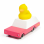 Candylab pink wooden car toy with a rubber duck on its roof, on a white background