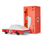 Candylab candycar red racer car toy on a white background next to its red cardboard box