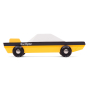 Side of the Candylab handmade yellow and black Doc Ryder car toy on a white background