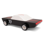 Back of the Candylab plastic-free wooden Carbon 77 racing car toy on a white background