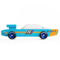 Side of the blue Candylab wooden seagull race car toy on a white background