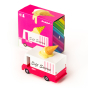 Candylab solid wooden ice cream van toy on a white background next to its cardboard packaging