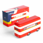 Candylab wooden London double decker bus toy on a white background next to its box