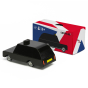 Candylab children's wooden London taxi toy car on a white background next to its red, white and blue box
