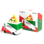 Patagonia kids wooden pizza delivery truck toy on a white background next to its red green and white box