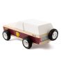 Candylab Lone Sheriff wooden toy car, a vintage sheriffs car with burgundy stripe and yellow sherifs star, spare wheel on the rear. On a white background