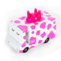 Candylab Candyvan Strawberry Moo Milkshake Van. A white van with pink strawberry milkshake splashes with a soft squishy udder on top