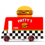 A closer look at the side of the Candylab Candyvan Patty's Burger Van on a white background