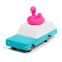 Blue and white wooden Candylab car toy with a pink flamingo on top, on a white background