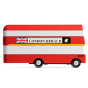 Side of the Candylab kids wooden London Bus toy on a white background
