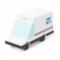 Candylab handmade white wooden post van toy on a white background