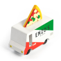 Candylab wooden pizza truck toy with a miniature pizza slice on top, on a white background