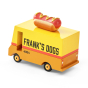 Back of the Candylab handmade wooden hot dog truck toy on a white background