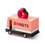Candylab donut van, 60s style americana wooden van on a white background, side view