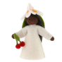 A hand felted Ambrosius Cherry Girl Fairy figure with Black Skin pictured on a plain background 