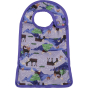 Pop-in Moose purple feeding baby bib moose and chickens with popper closure and green fleece crumb catcher on white background