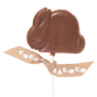 Close up of the Cocoa Loco fairtrade milk chocolate rabbit lolly on a white background