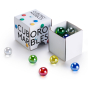 Cuboro 15 coloured glass marbles in their cardboard box on a white background