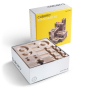 Cuboro standard 50-piece wooden marble run toy set in its cardboard box on a white background