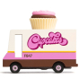 Wooden toy cupcake van with pink and brown detailing, and a cupcake with sprinkles on the roof.