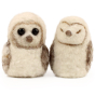 A closer view of the details on The Makerss Needle Felt Baby Barn Owl. Two beautifully crafted white and light brown baby barn owls, one with its eyes open and the other closed, stood on a white background