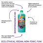 Infographic showing features of the Dr Zigs eco-friendly 5x concentrated bubble mixture