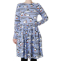 Woman stood on a white background wearing the DUNS Sweden long sleeve gather skirt dress in the easter egg puffin print