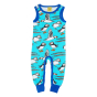 DUNS Sweden childrens organic cotton dungarees in the blue atoll puffin print on a white background