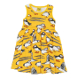 DUNS Sweden childrens organic cotton sleeveless gather skirt dress in the lemon chrome puffin print on a white background