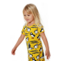 Girl stood on a white background wearing the DUNS Sweden organic cotton short sleeve skater dress in the yellow puffin print