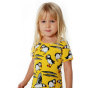 Close up of girl stood on a white background wearing the DUNS Sweden organic cotton short sleeve skater dress in the yellow puffin print