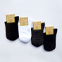 4 sets of Eco Outfitters organic ankle socks lined up diagonally, in back, white, navy and black. On a white background