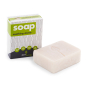 Ecoliving handmade soothing shave soap bar on a white background next to its cardboard box