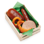 Erzi Assorted Baked Goods Wooden Play Food Set displayed in a small wooden crate on a white background