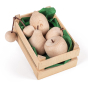 Erzi childrens natural wooden play food fruits in a wooden basket on a white background