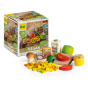 Erzi children's wooden Vegan play food assortment laid out on a white background next to their box