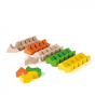 Pieces of the Erzi solid wooden stacking geoblocks laid out on a white background