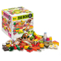 The contents of the Erzi Big Shop Assortment Box Wooden Play Food Set in front of the cardboard box, plain background.