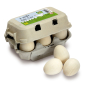 Erzi Six White Eggs Wooden Play Food in a cardboar egg box, white background