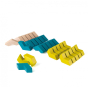 Pieces of the Erzi wooden flick flack blocks toy set on a white background