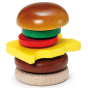 Erzi Tomato To Cut Wooden Play Food as part of a toy burger on a plain background