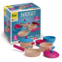 Erzi Wooden Toy Cooking Set with the box behind it on a plain background.