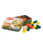 Erzi Vegetables Iglo In A Tin Wooden Play Food. Metal tin includes wooden orange carrots, green round peas, yellow sweetcorn disks, and white cauliflower disks